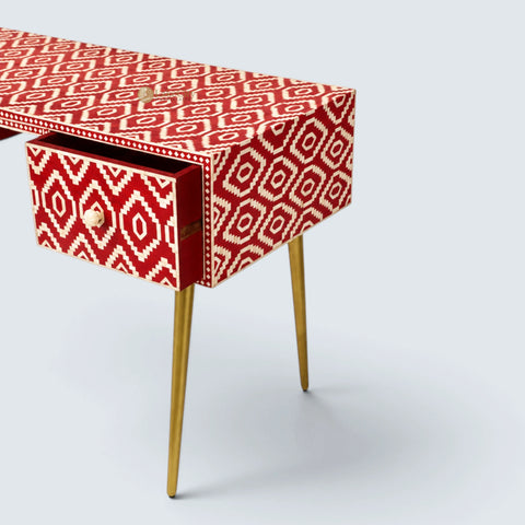 Bone Inlay Ikat Design 2 Drawers Desk Red | Bone Inlay Ikat Design 2 Drawers Console Table Red