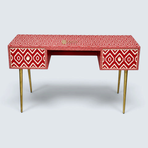 Bone Inlay Ikat Design 2 Drawers Desk Red | Bone Inlay Ikat Design 2 Drawers Console Table Red