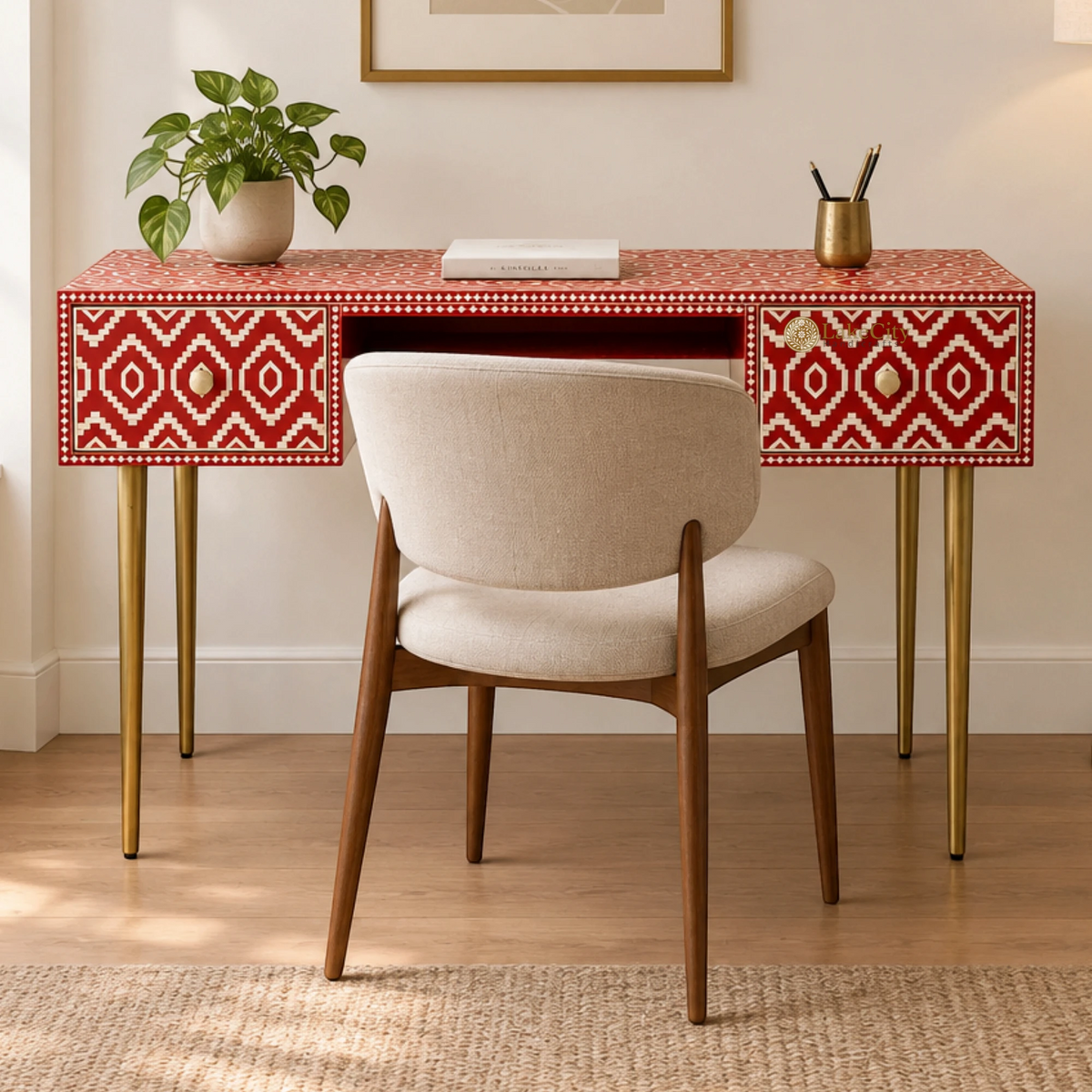 Bone Inlay Ikat Design 2 Drawers Desk Red | Bone Inlay Ikat Design 2 Drawers Console Table Red