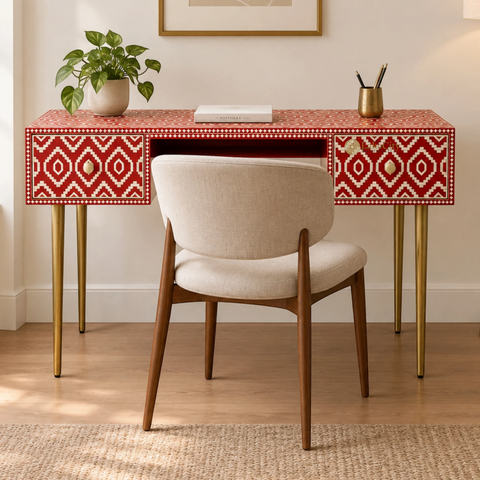 Bone Inlay Ikat Design 2 Drawers Desk Red | Bone Inlay Ikat Design 2 Drawers Console Table Red