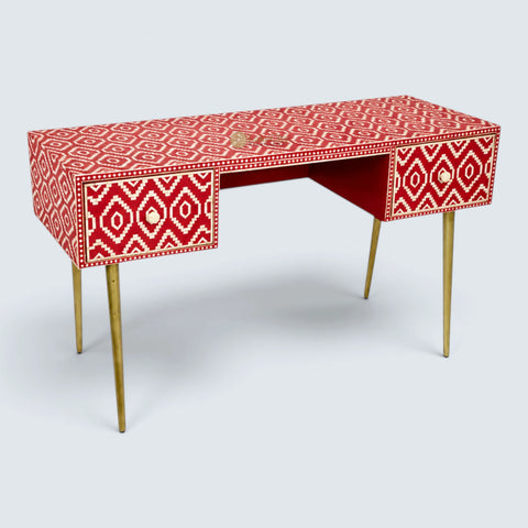 Bone Inlay Ikat Design 2 Drawers Desk Red | Bone Inlay Ikat Design 2 Drawers Console Table Red
