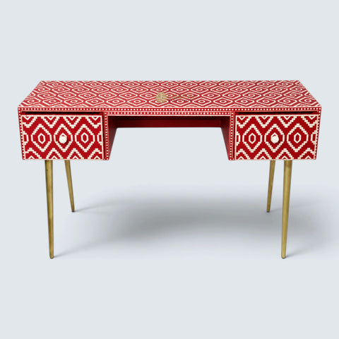 Bone Inlay Ikat Design 2 Drawers Desk Red | Bone Inlay Ikat Design 2 Drawers Console Table Red