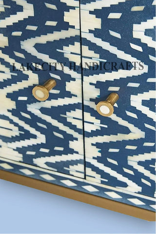 Bone Inlay Ikat Design Media Console Table Indigo Blue | Entertainment Unit