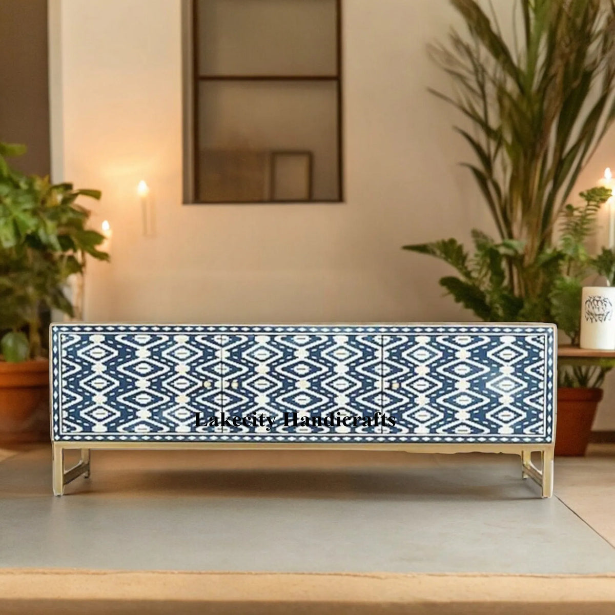 Bone Inlay Ikat Design Media Console Table Indigo Blue | Entertainment Unit