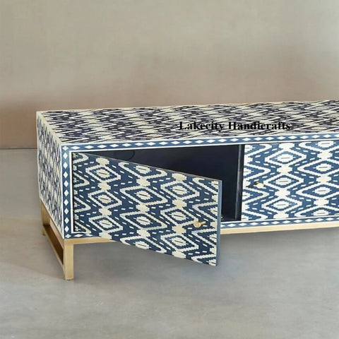 Bone Inlay Ikat Design Media Console Table Indigo Blue | Entertainment Unit