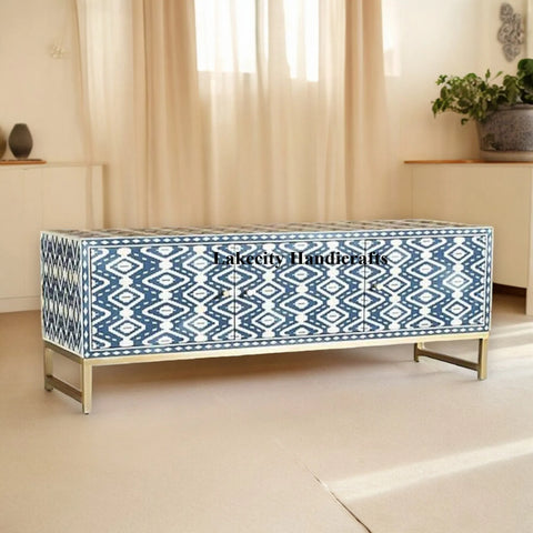 Bone Inlay Ikat Design Media Console Table Indigo Blue | Entertainment Unit