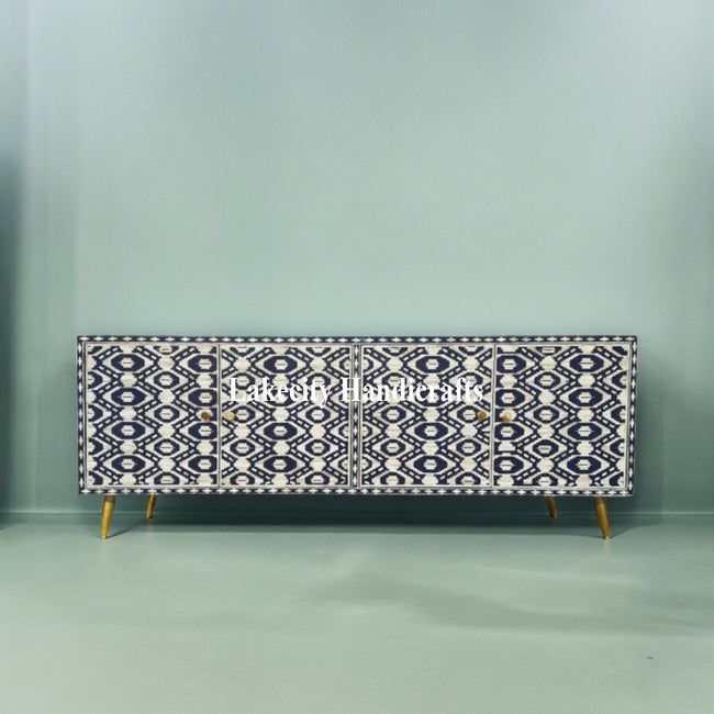 Bone Inlay Ikat Design 4 Doors Media Console Table Indigo Blue | Bone Inlay Ikat Design Entertainment Unit