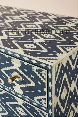 Bone Inlay Ikat Design 6 Drawers Chest Indigo Blue