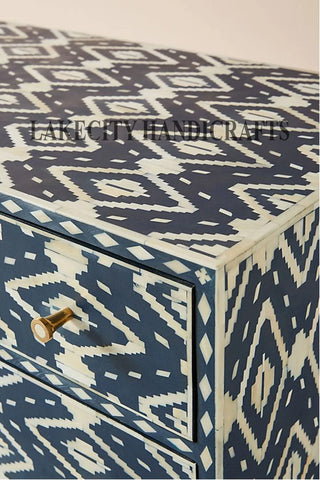 Bone Inlay Ikat Design 6 Drawers Chest Indigo Blue
