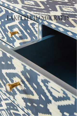 Bone Inlay Ikat Design 6 Drawers Chest Indigo Blue