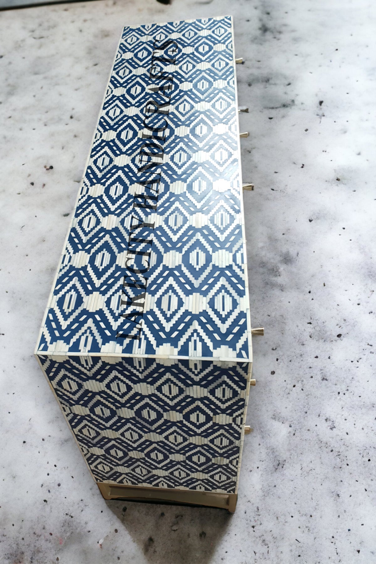 Bone Inlay Ikat Design 6 Drawers Chest Indigo Blue