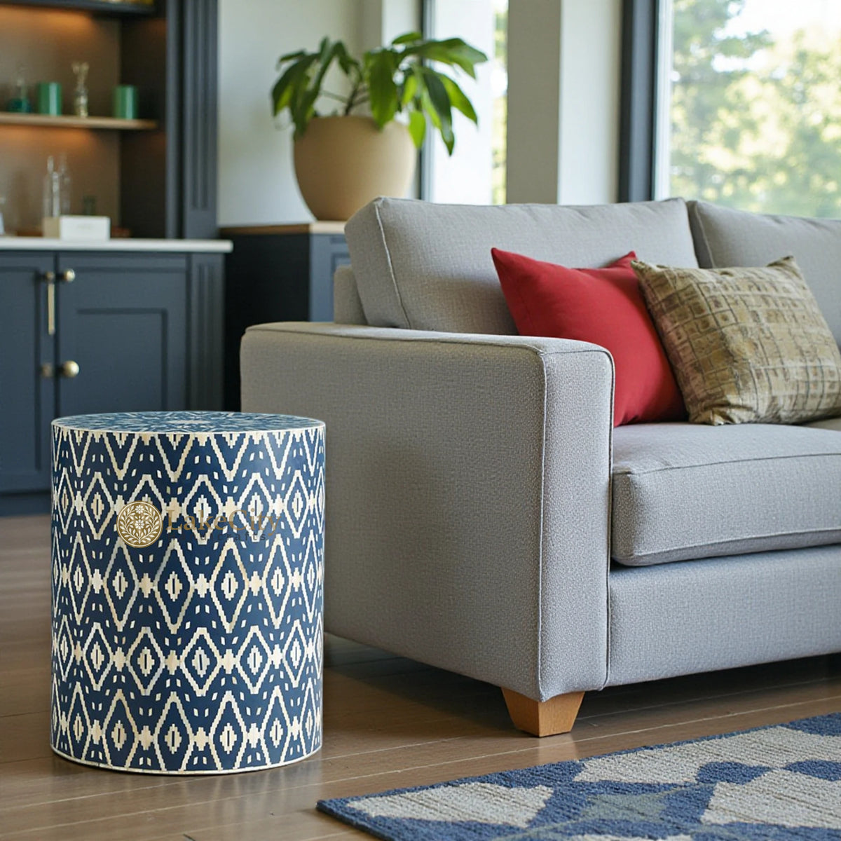 Ikat Bone Inlay Side Table Indigo