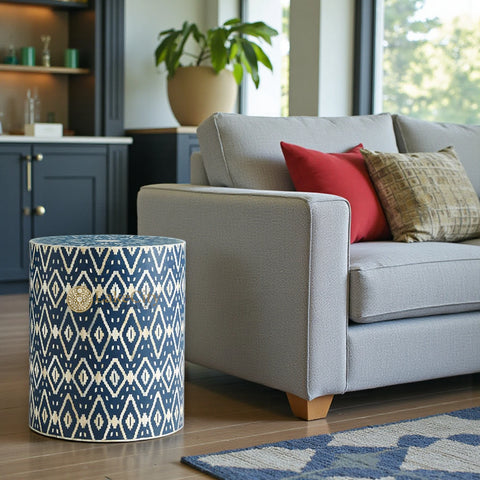 Ikat Bone Inlay Side Table Indigo