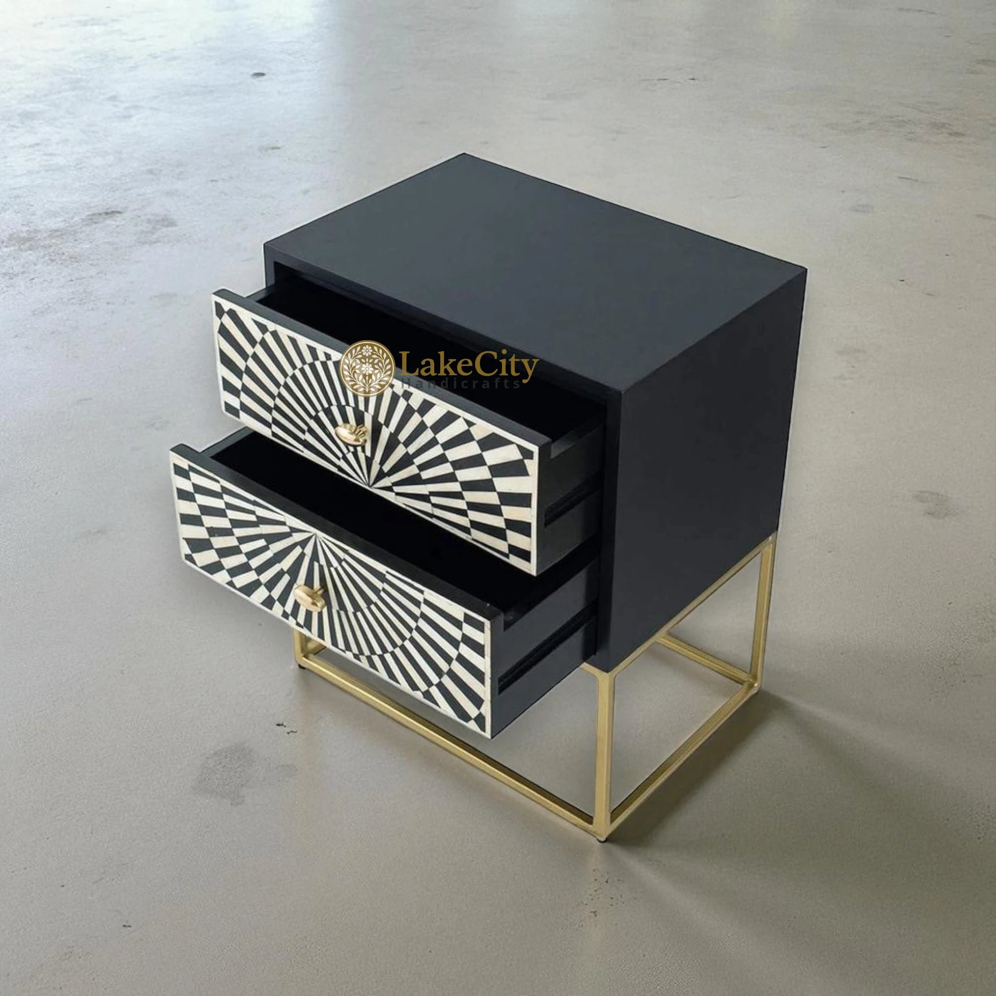 Bone Inlay Illusion 2 Drawers Bedside Table Black