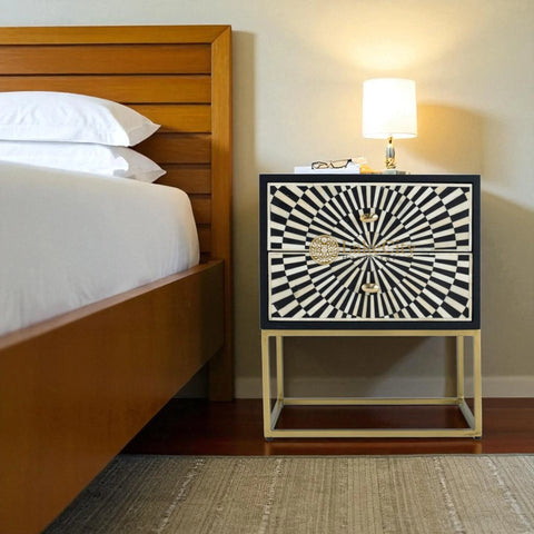 Bone Inlay Illusion 2 Drawers Bedside Table Black
