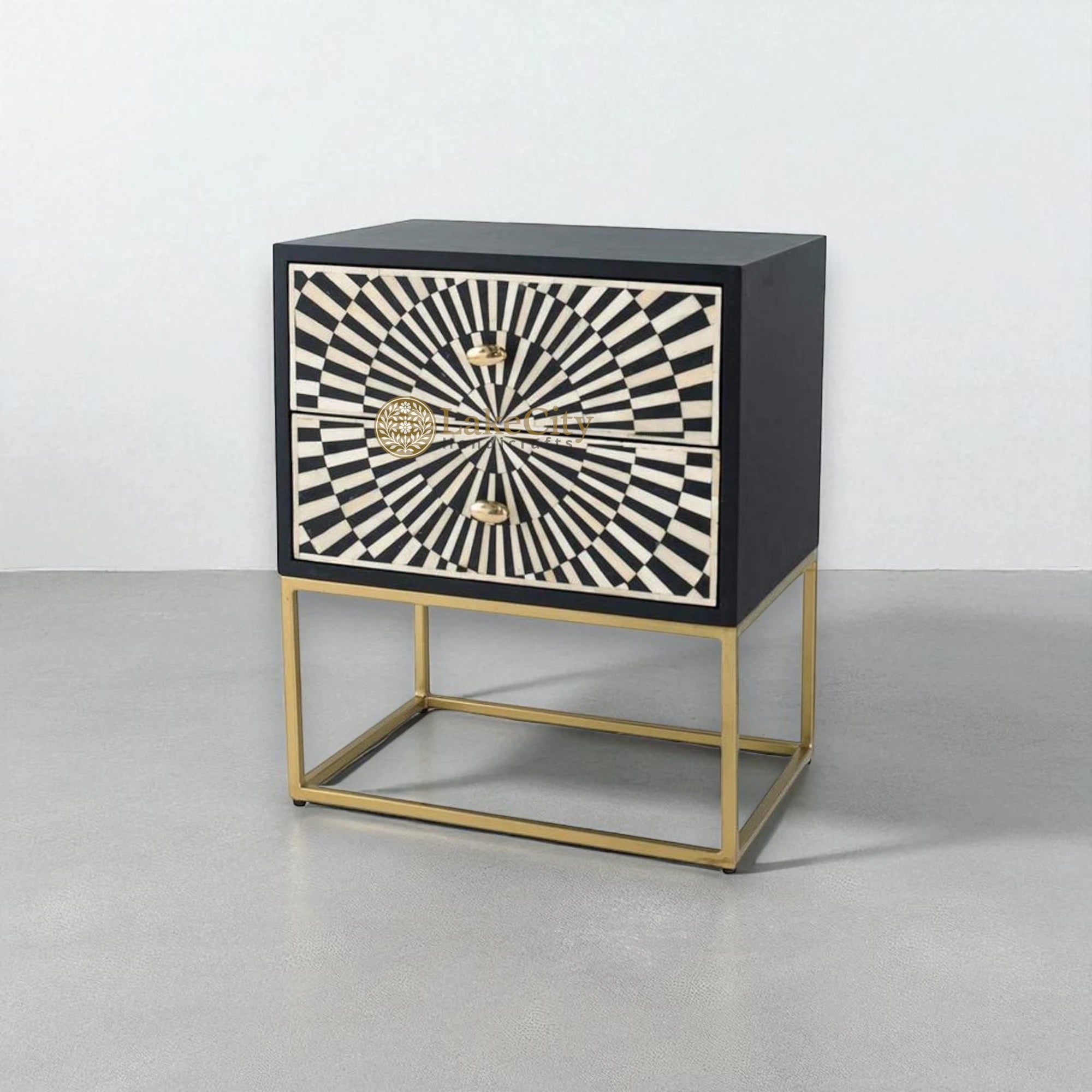 Bone Inlay Illusion 2 Drawers Bedside Table Black