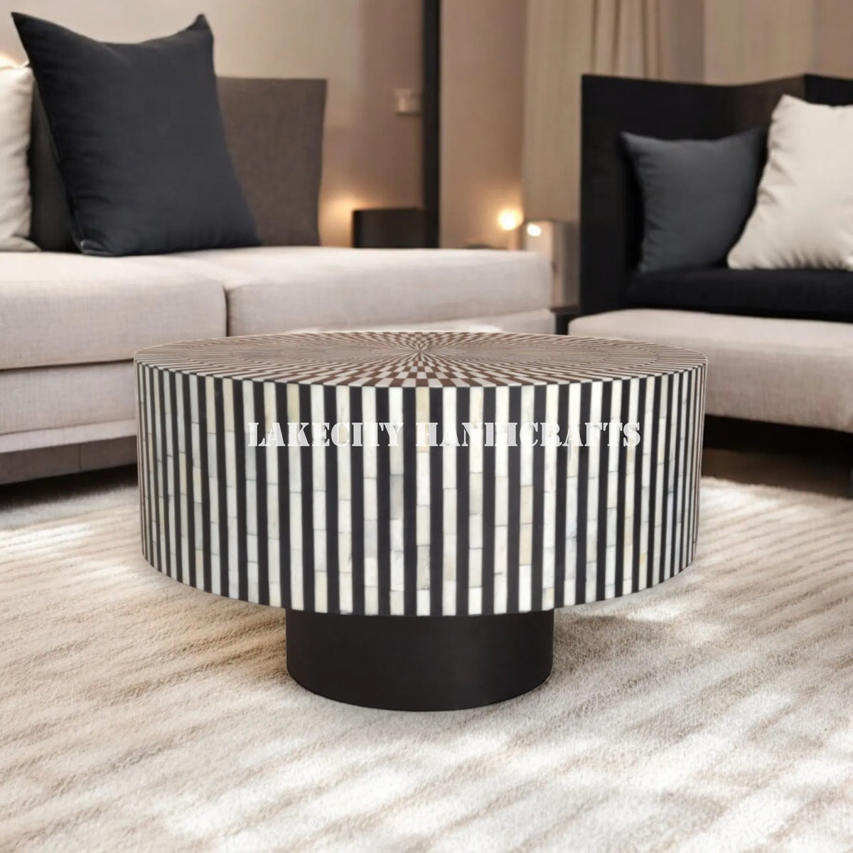 Bone Inlay Circular Table Bone Inlay Illusion Design Round Black Coffee Table – Lakecity Handicrafts