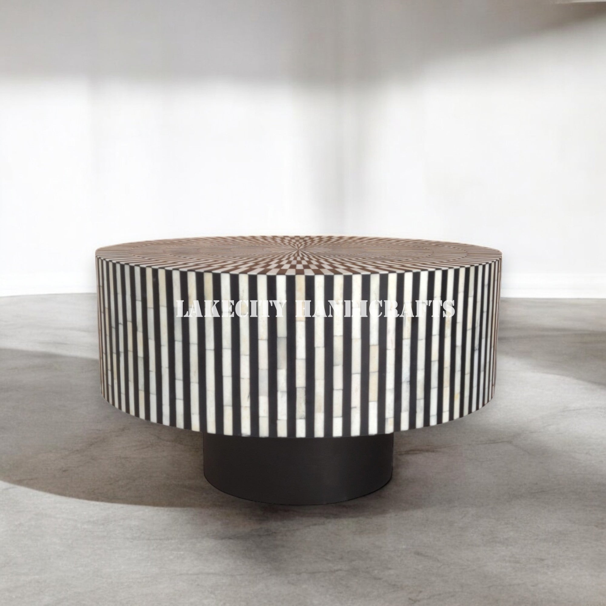 Bone Inlay Illusion Design Round Coffee Table Black | Bone Inlay Illusion Design Round Center Table Black
