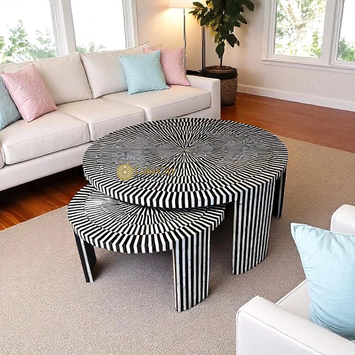 Bone Inlay Illusion Nesting Coffee Table Set | Black And White Inlay Coffee Table