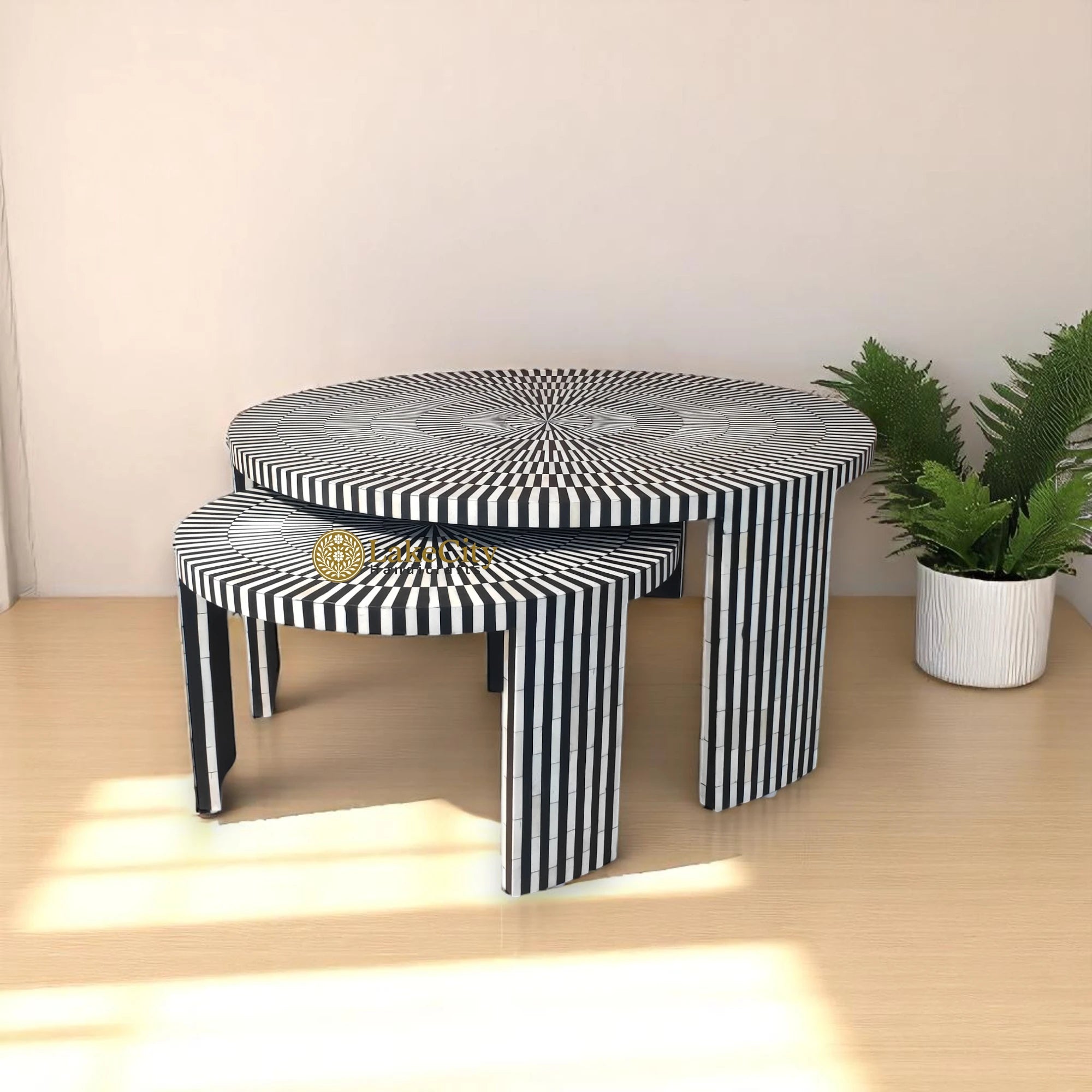 Bone Inlay Illusion Nesting Coffee Table Set | Black And White Inlay Coffee Table