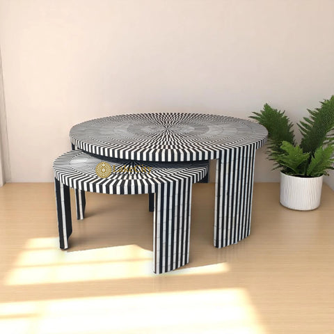 Bone Inlay Illusion Nesting Coffee Table Set | Black And White Inlay Coffee Table
