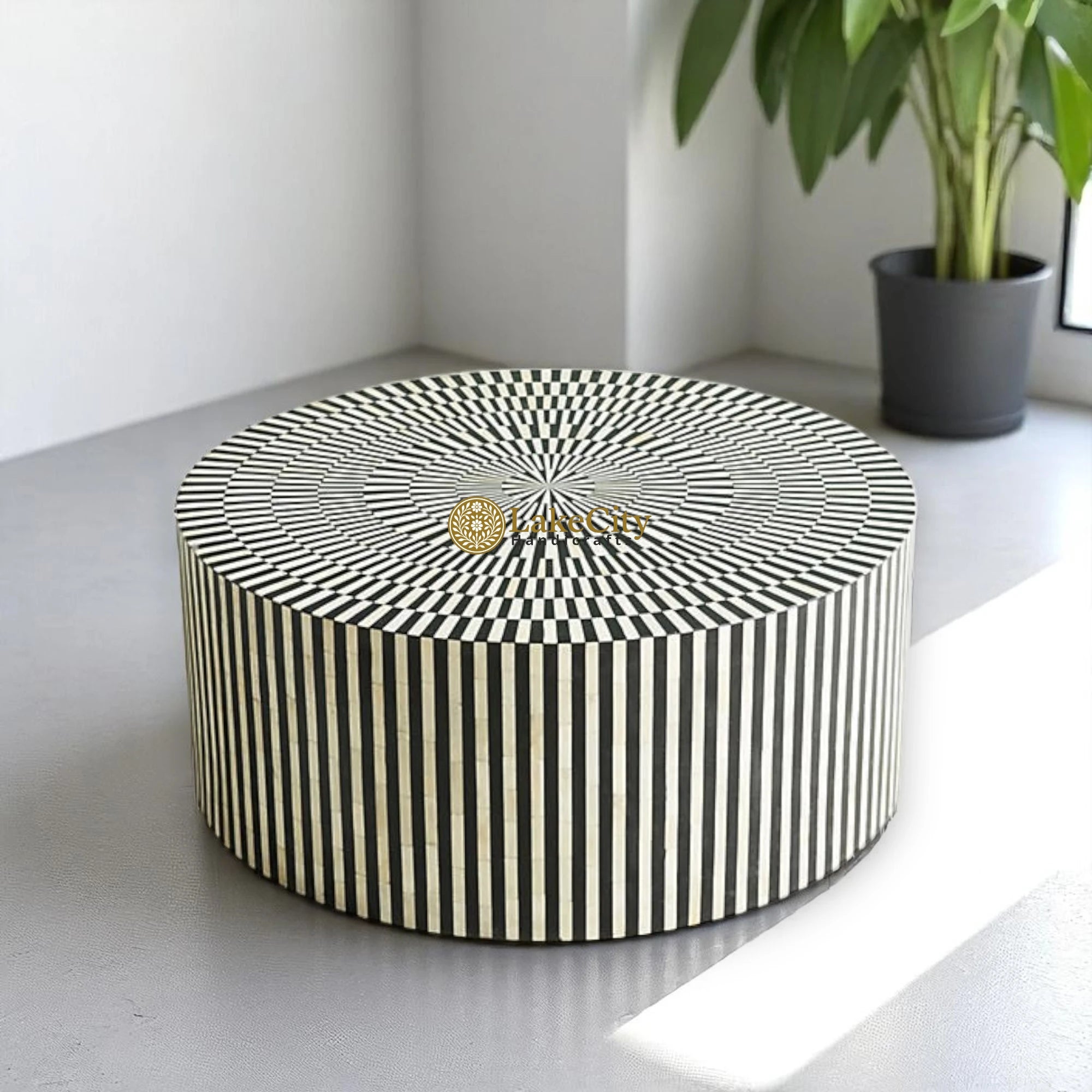 Bone Inlay Illusion Stripe Center Table Black | Bone Inlay Coffee Table Round