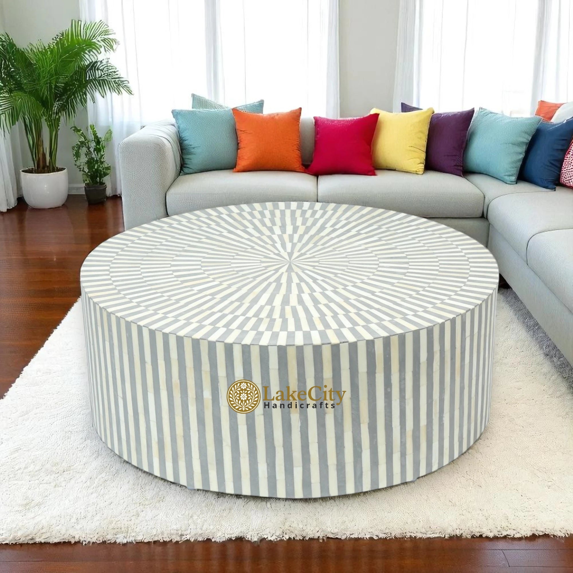 Bone Inlay Illusion Stripe Center Table Black | Bone Inlay Coffee Table Round