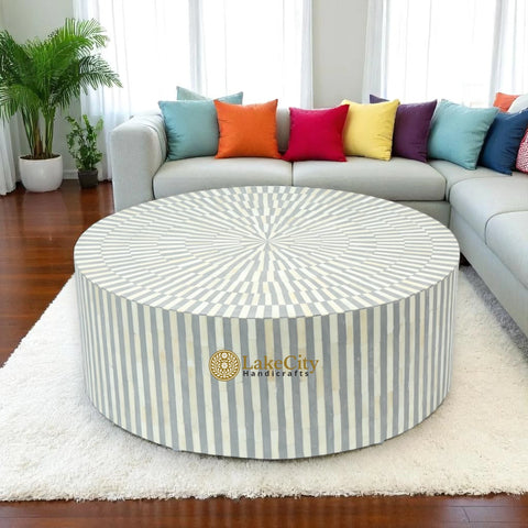 Bone Inlay Illusion Stripe Center Table Black | Bone Inlay Coffee Table Round