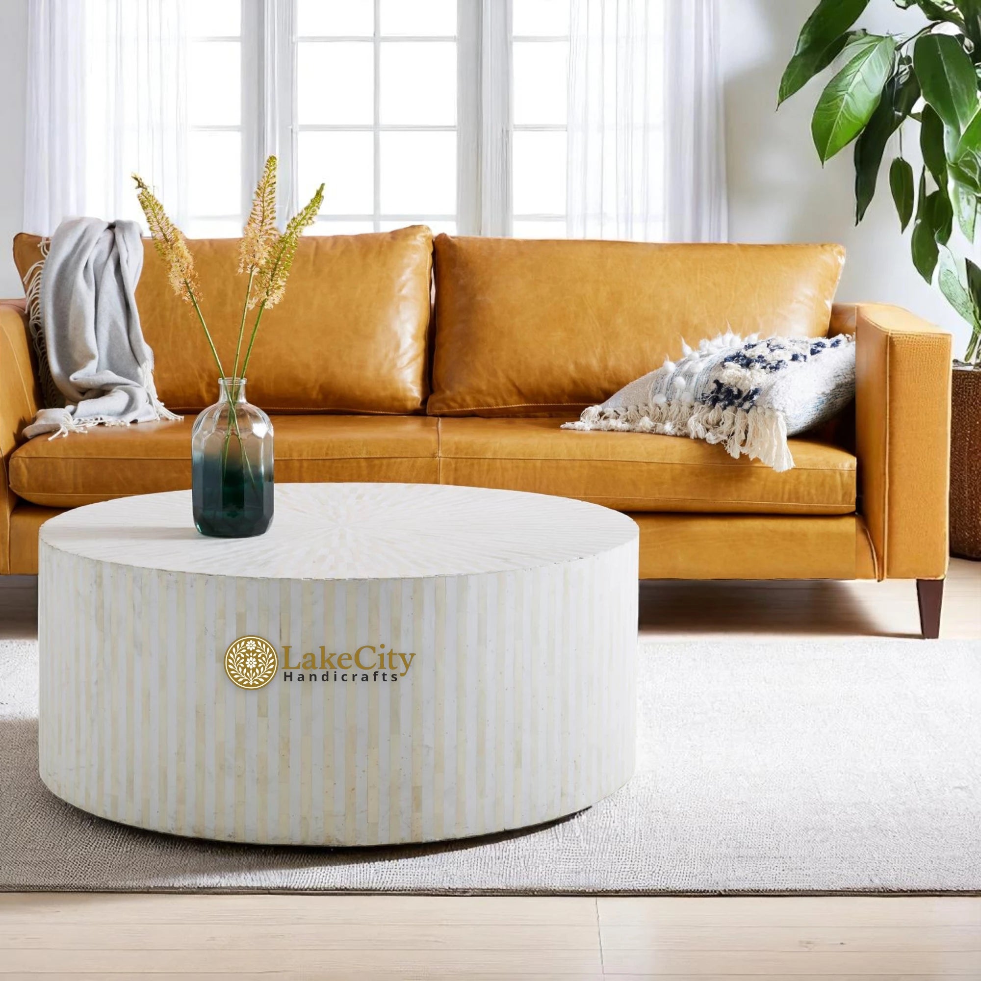 Bone Inlay Illusion Stripe Center Table Black | Bone Inlay Coffee Table Round