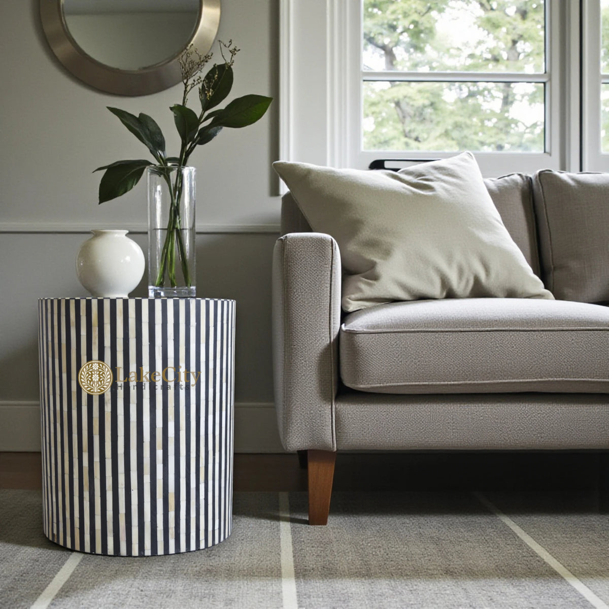 Bone Inlay Illusion Stripe Side Table Black