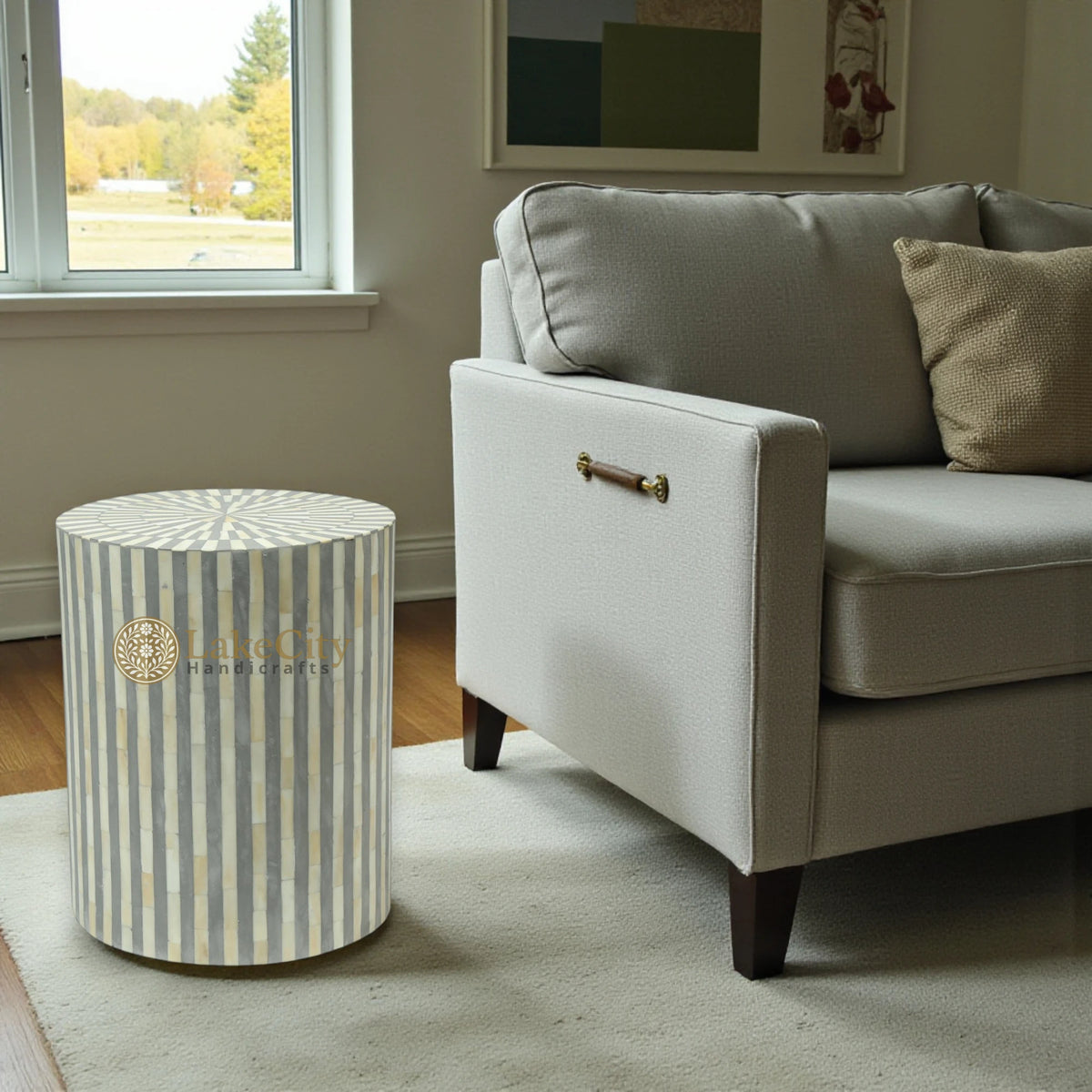 Bone Inlay Illusion Stripe Side Table Grey