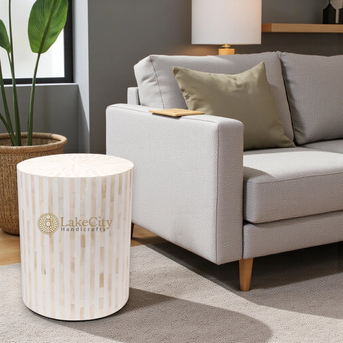 Bone Inlay Illusion Stripe Side Table White