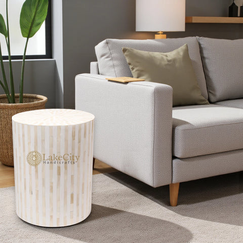 Bone Inlay Illusion Stripe Side Table White