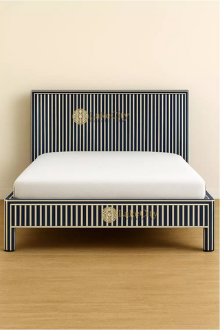 Bone Inlay Indigo Blue & White Stripe Pattern Bed