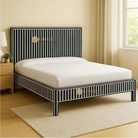 Bone Inlay Indigo Blue & White Stripe Pattern Bed