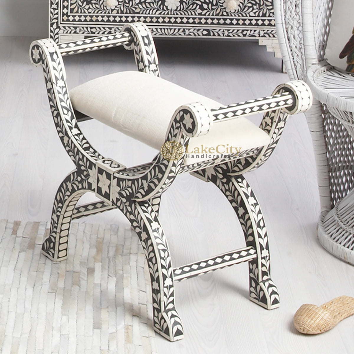 Bone Inlay Jenny Stool Floral Design Black