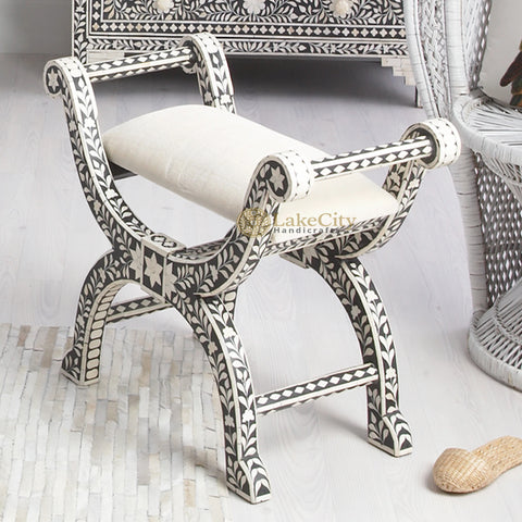 Bone Inlay Jenny Stool Floral Design Black