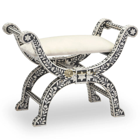 Bone Inlay Jenny Stool Floral Design Black