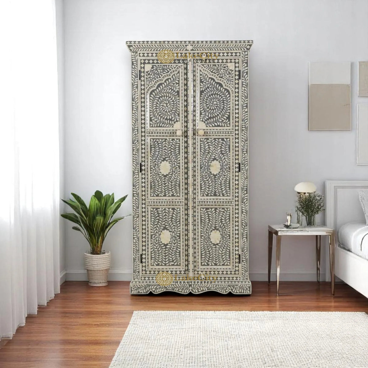 Bone Inlay Jharokha Floral Design Almirah Grey