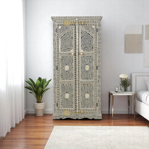 Bone Inlay Jharokha Floral Design Almirah Grey