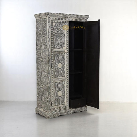 Bone Inlay Jharokha Floral Design Almirah Grey