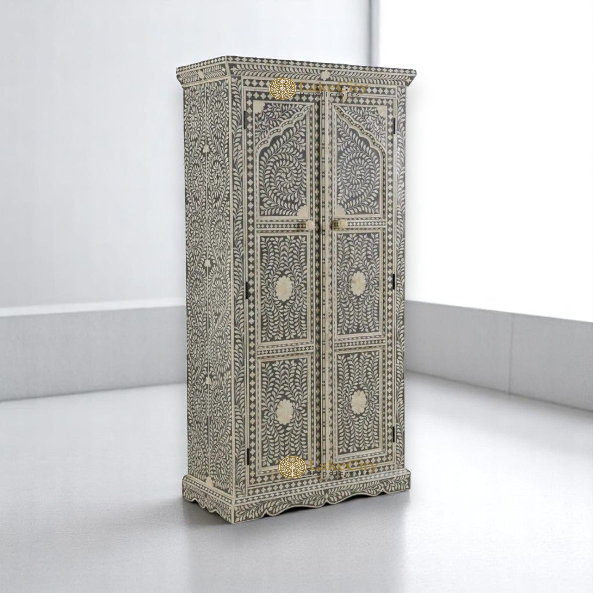 Bone Inlay Jharokha Floral Design Almirah Grey