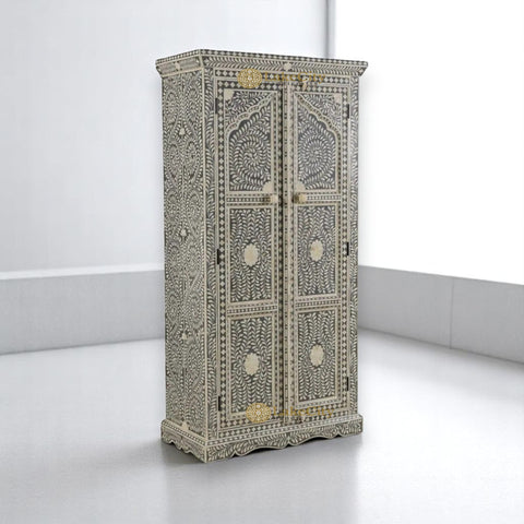 Bone Inlay Jharokha Floral Design Almirah Grey