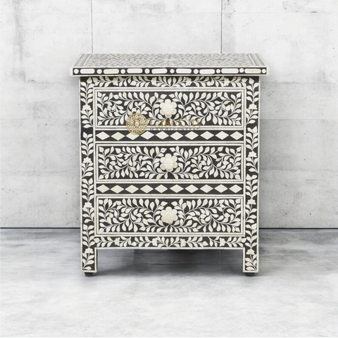 Bone Inlay Floral Design 3 Drawers Big Bedside Table | Bone Inlay Floral Design 3 Drawers Big Nightstand Table