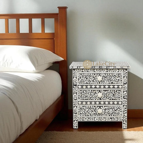 Bone Inlay Floral Design 3 Drawers Big Bedside Table | Bone Inlay Floral Design 3 Drawers Big Nightstand Table