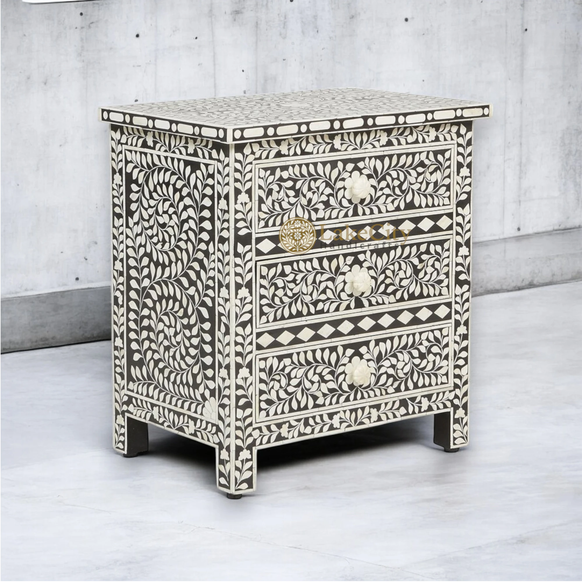 Bone Inlay Floral Design 3 Drawers Big Bedside Table | Bone Inlay Floral Design 3 Drawers Big Nightstand Table