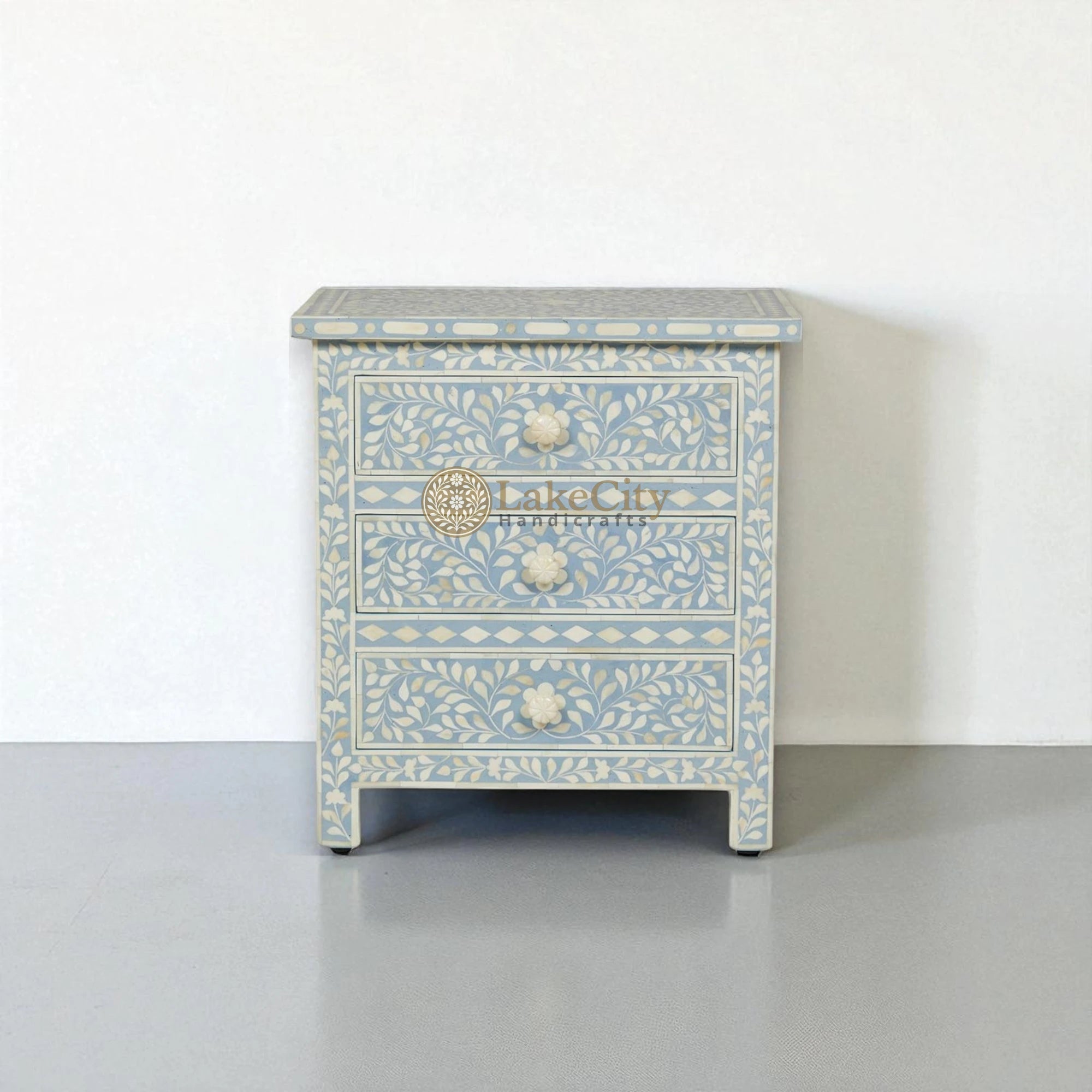 Bone Inlay Floral Design 3 Drawers Big Bedside Table | Bone Inlay Floral Design 3 Drawers Big Nightstand Table