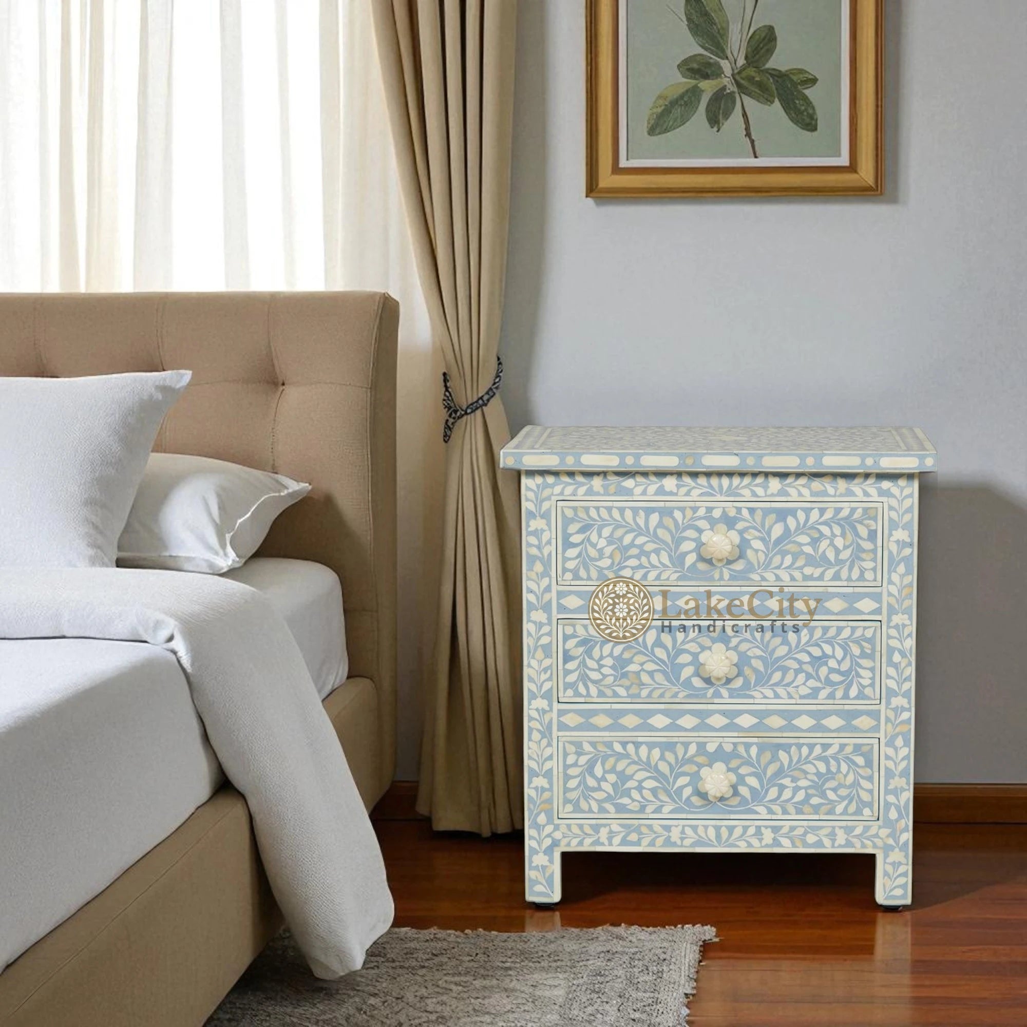 Bone Inlay Floral Design 3 Drawers Big Bedside Table | Bone Inlay Floral Design 3 Drawers Big Nightstand Table