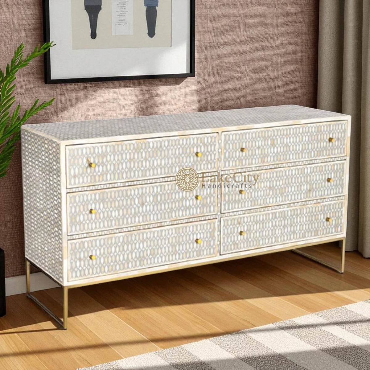 Cómoda de 6 cajones con diseño de celosía y incrustaciones de hueso, color gris