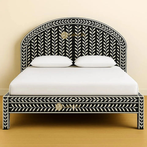 Lit double marocain avec incrustations d'os, vert menthe